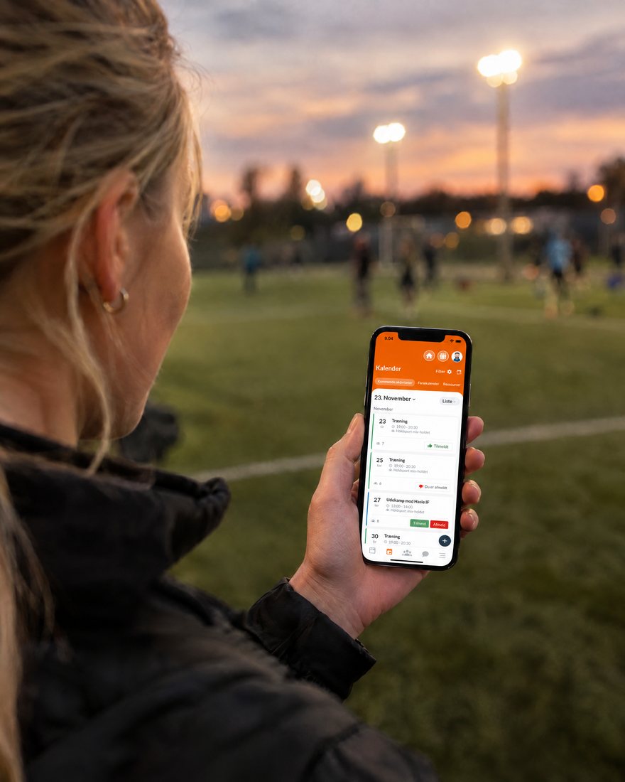 Spiller ved banen tjekker kalenderen i Holdsport-appen og ser, hvem der er tilmeldt og afmeldt